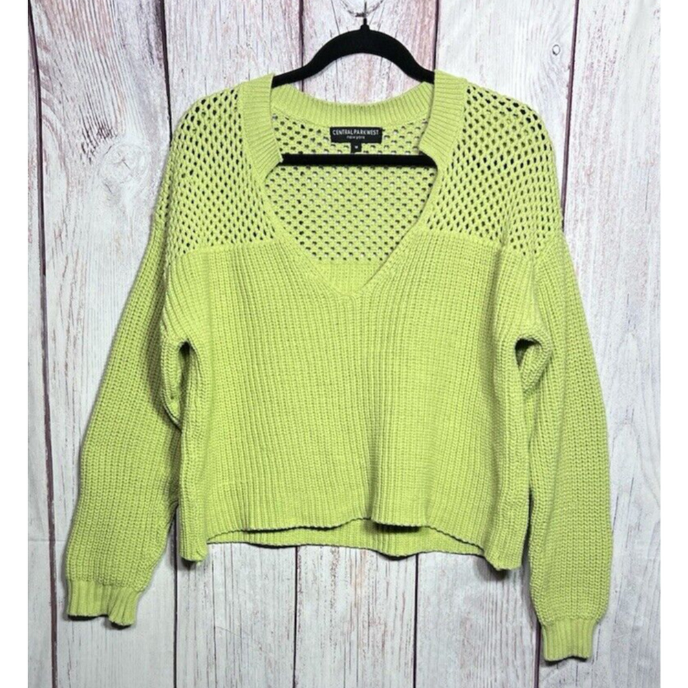 Central Park West New York Women's Cable Knit V Neck Sweater Green Size M